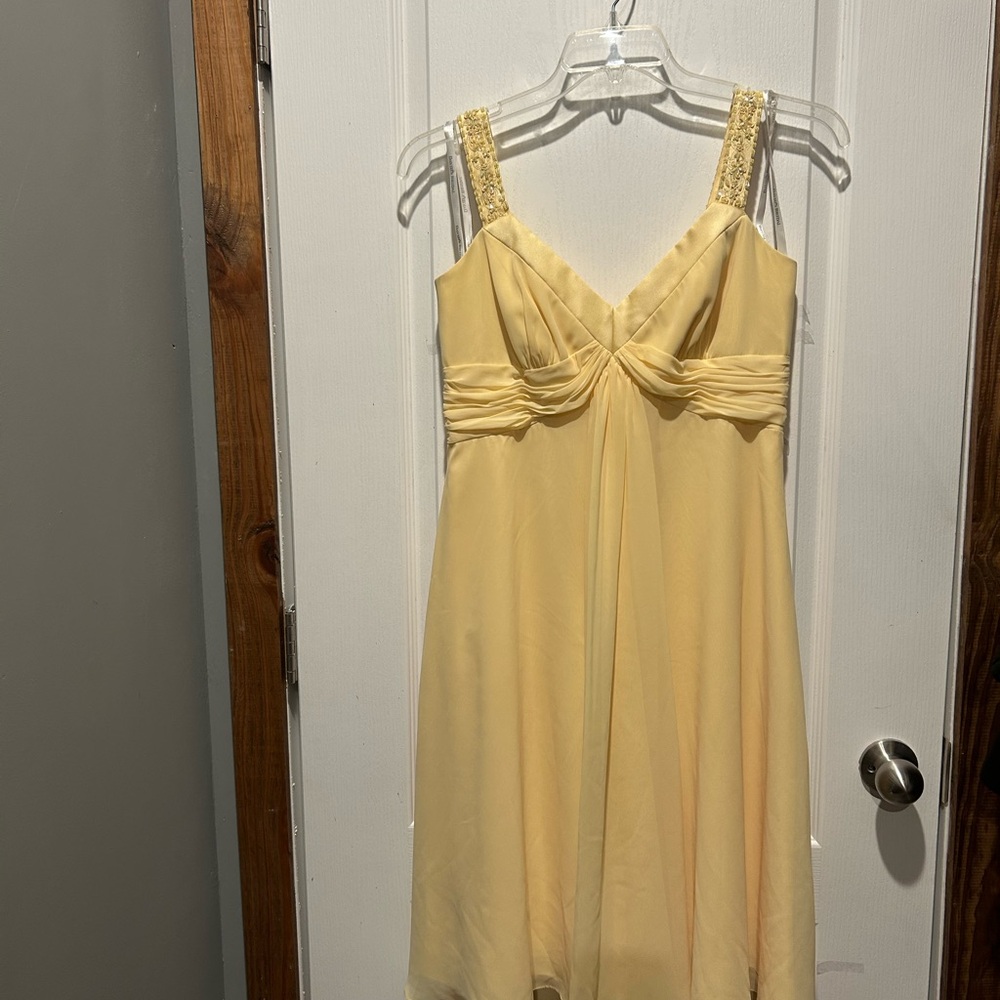 David's Bridal Yellow Bridesmaids gown with Empire Waist and Ruched V-Neck
